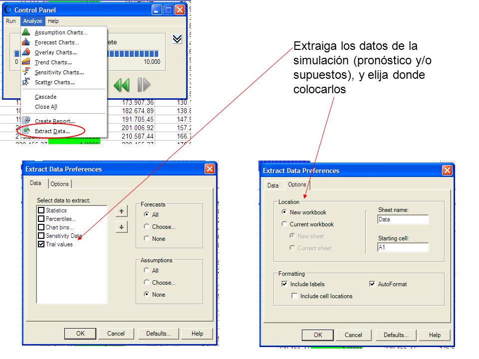 Extraiga los datos de la simulación (pronóstico y/o supuestos), y elija donde colocarlos