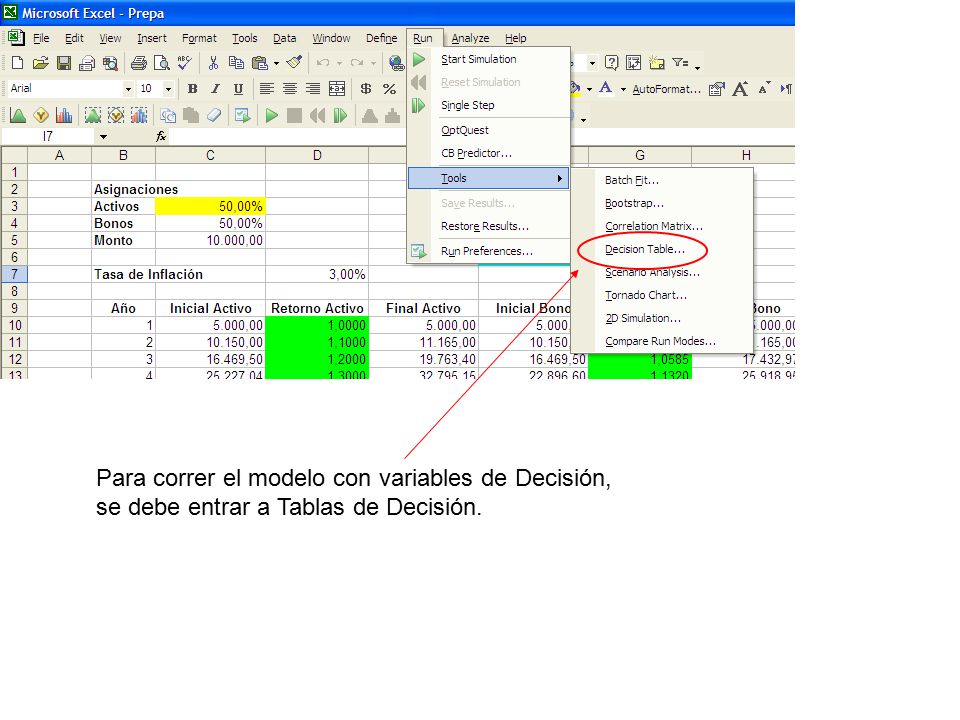 Para correr el modelo con variables de Decisión, se debe entrar a Tablas de Decisión.