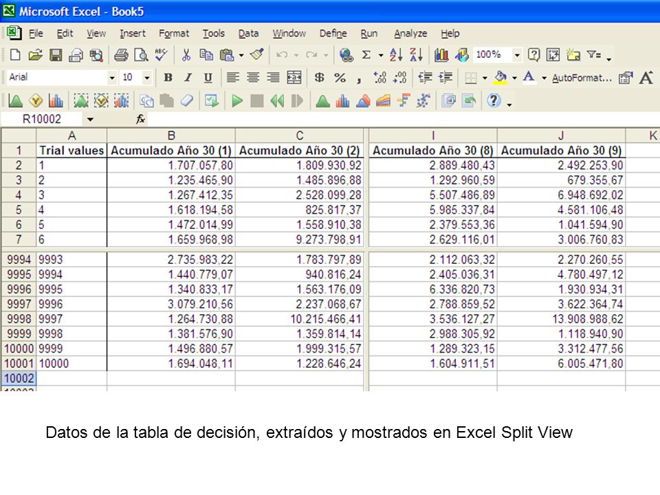 Datos de la tabla de decisión, extraídos y mostrados en Excel Split View