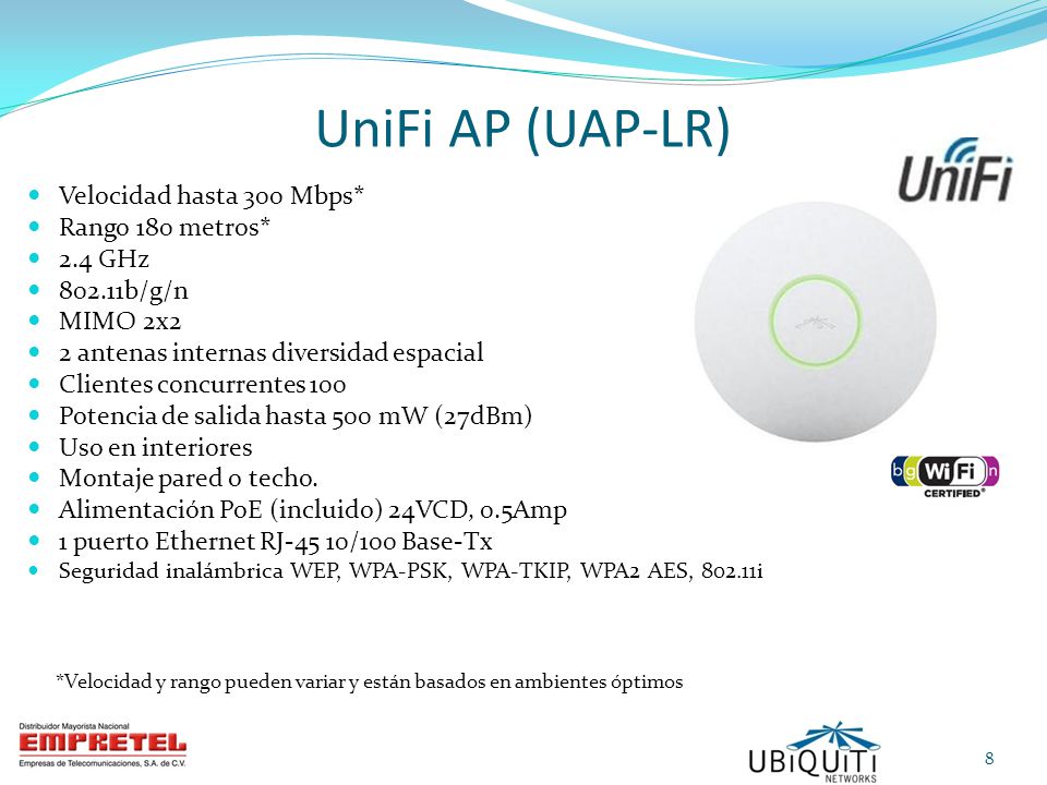 UniFi AP (UAP-LR) Velocidad hasta 300 Mbps* Rango 180 metros* 2.4 GHz