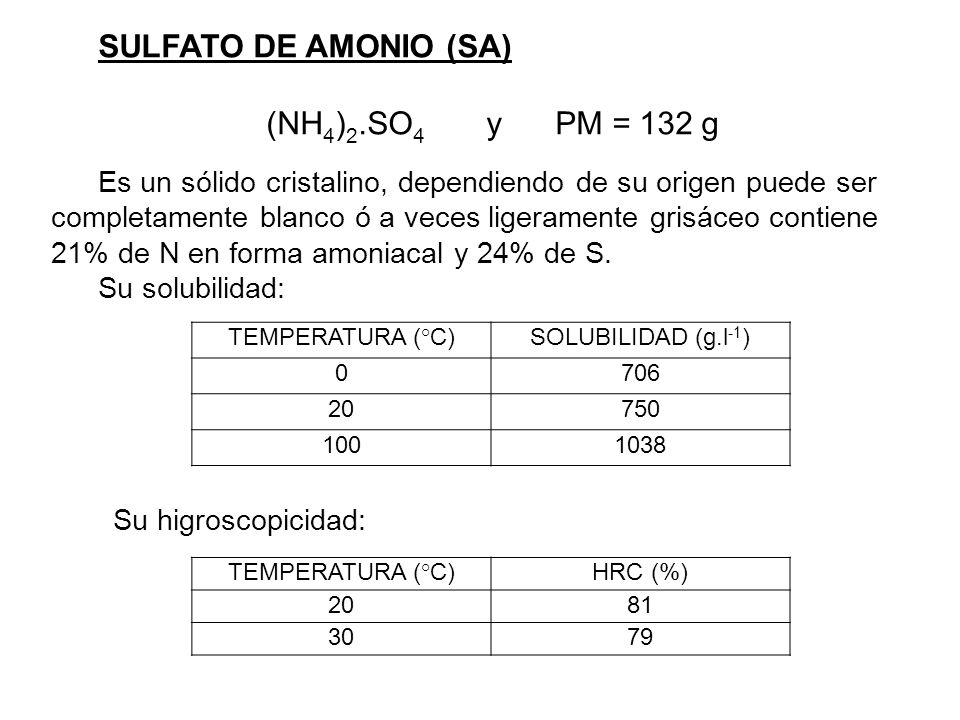 SULFATO DE AMONIO (SA) (NH4)2.SO4 y PM = 132 g