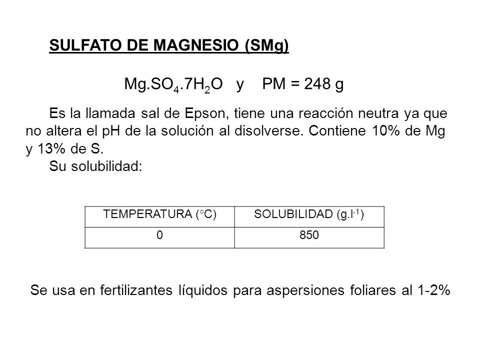 SULFATO DE MAGNESIO (SMg) Mg.SO4.7H2O y PM = 248 g