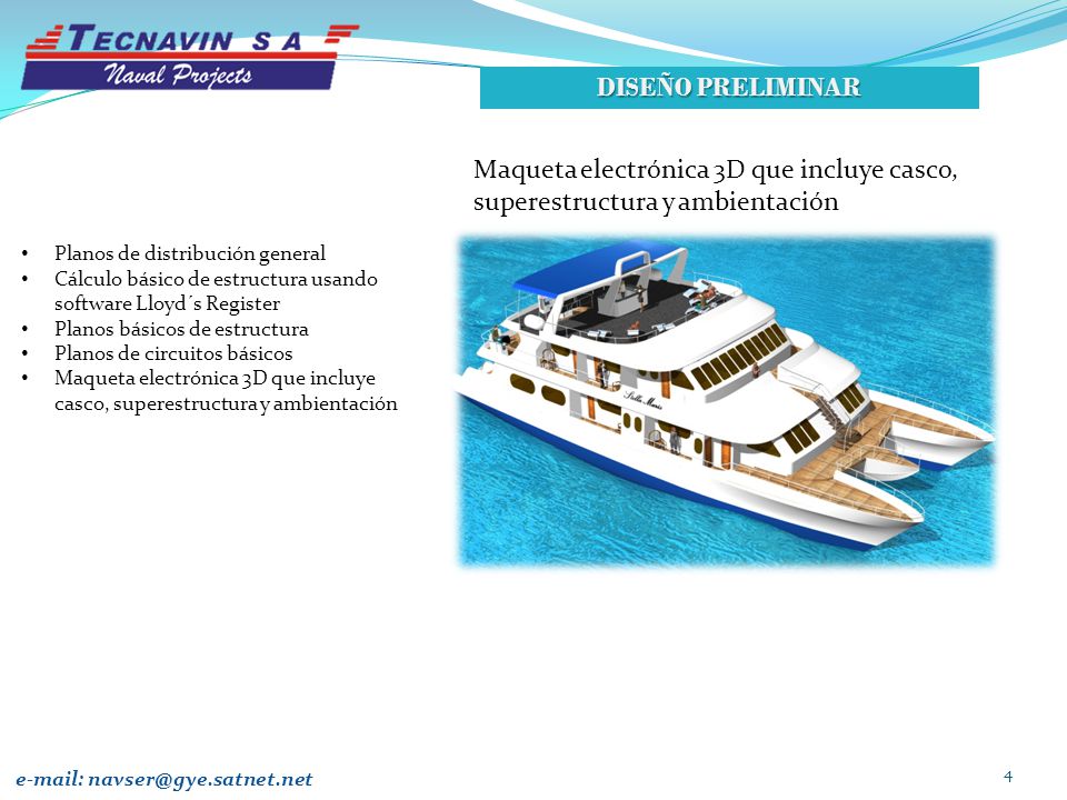 DISEÑO PRELIMINAR Maqueta electrónica 3D que incluye casco, superestructura y ambientación. Planos de distribución general.