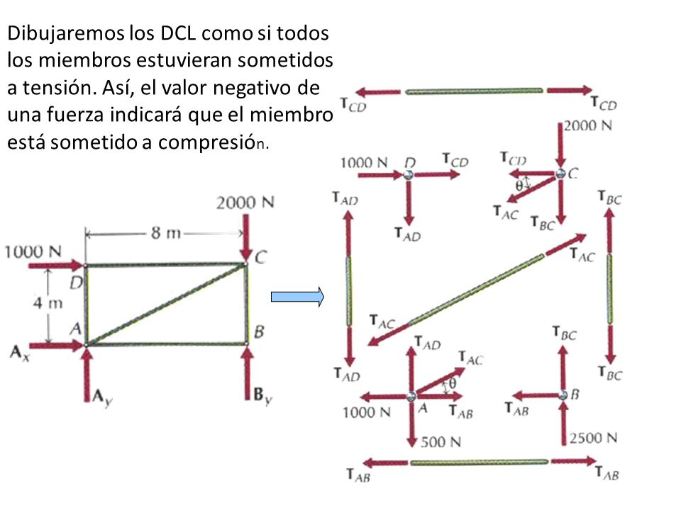 Dibujaremos los DCL como si todos los miembros estuvieran sometidos a tensión.