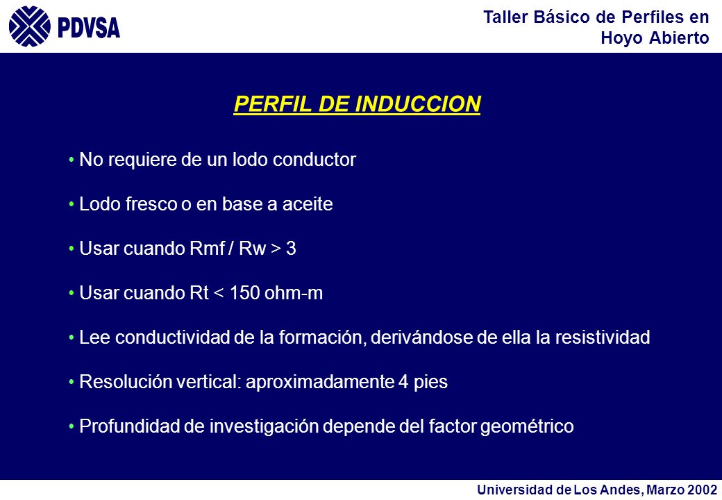 PERFIL DE INDUCCION No requiere de un lodo conductor