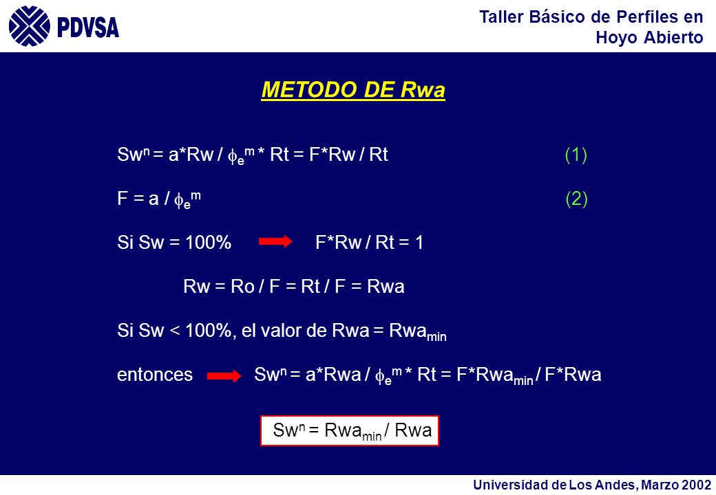 METODO DE Rwa Swn = a*Rw / fem * Rt = F*Rw / Rt (1) F = a / fem (2)