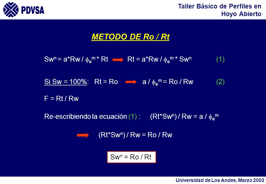 METODO DE Ro / Rt Swn = a*Rw / fem * Rt Rt = a*Rw / fem * Swn (1)