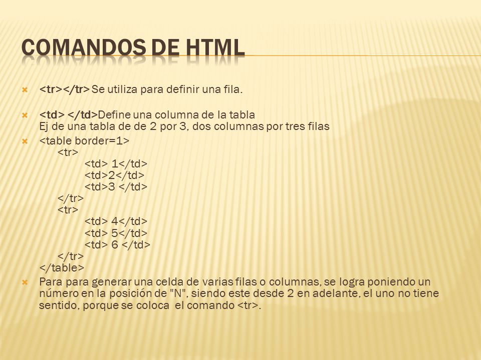 Comandos de HTML <tr></tr> Se utiliza para definir una fila.