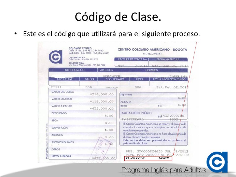 Código de Clase. Este es el código que utilizará para el siguiente proceso.