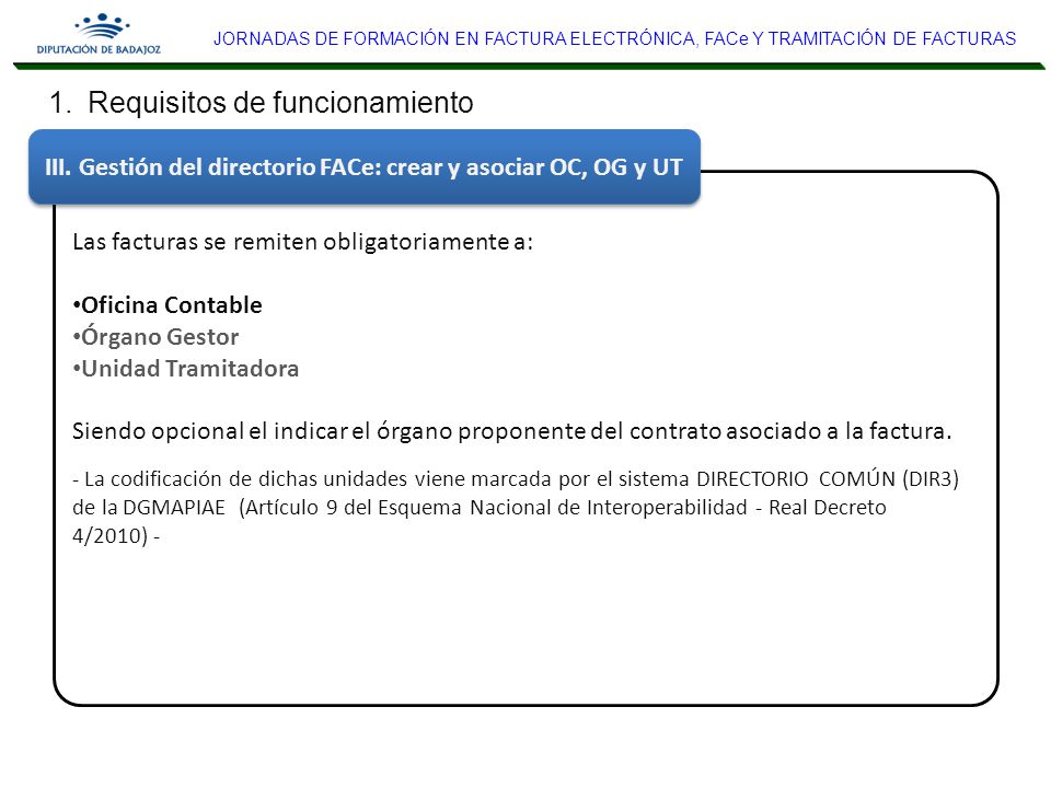 III. Gestión del directorio FACe: crear y asociar OC, OG y UT