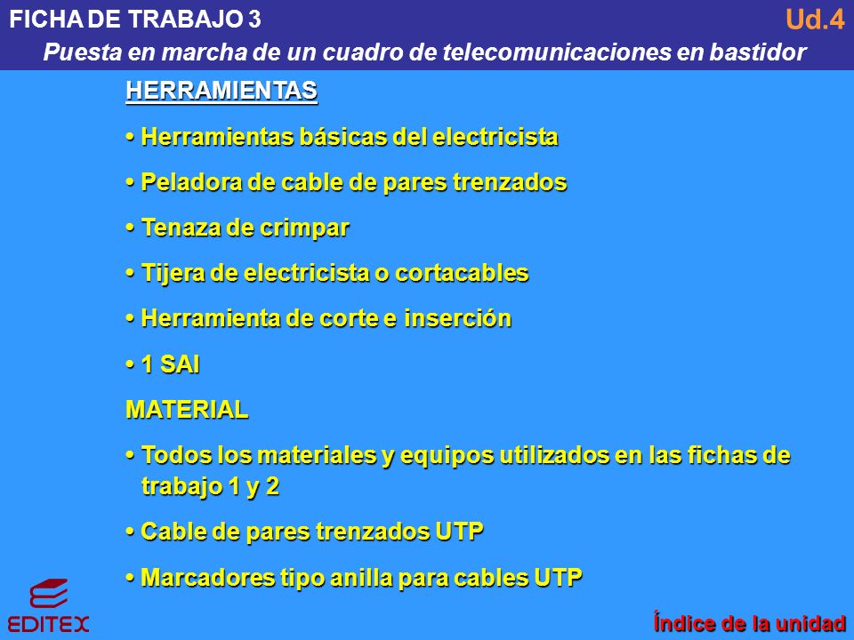 FICHA DE TRABAJO 3 Puesta en marcha de un cuadro de telecomunicaciones en bastidor. Ud.4. HERRAMIENTAS.