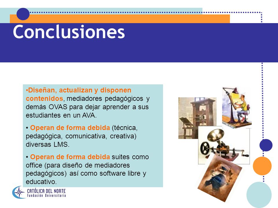 Conclusiones Diseñan, actualizan y disponen contenidos, mediadores pedagógicos y demás OVAS para dejar aprender a sus estudiantes en un AVA.