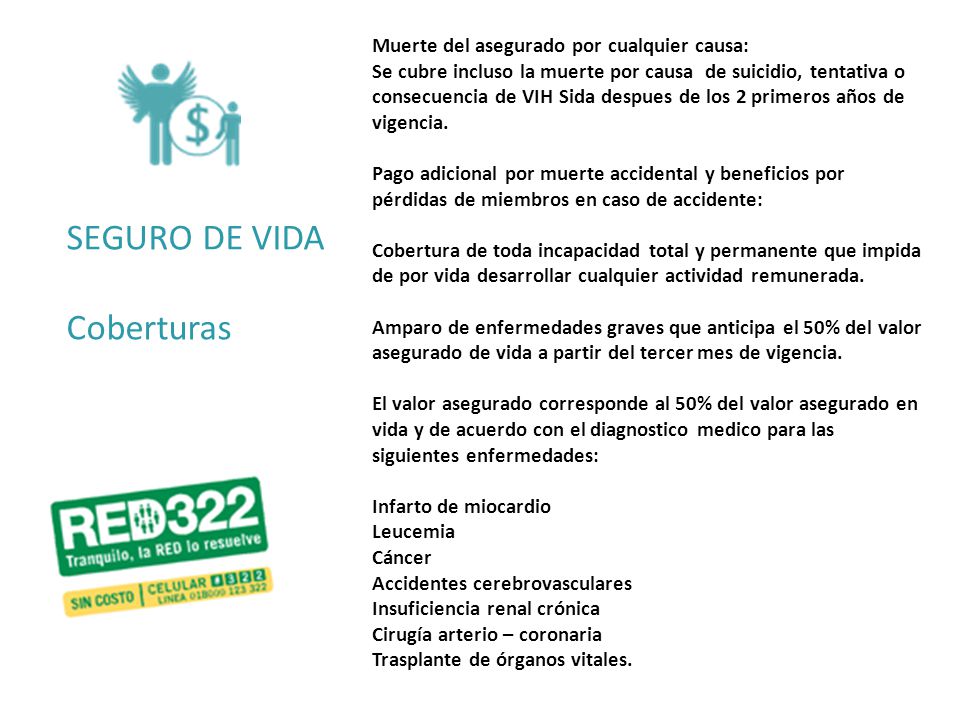 SEGURO DE VIDA Coberturas Muerte del asegurado por cualquier causa:
