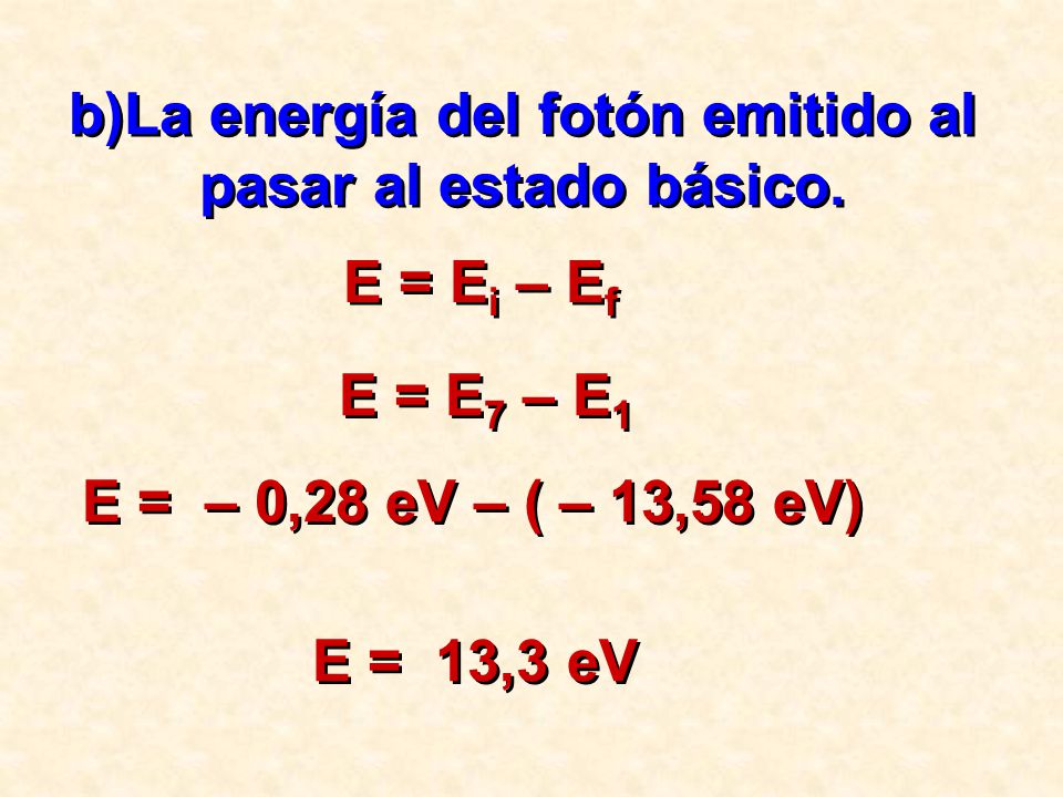 b)La energía del fotón emitido al pasar al estado básico.