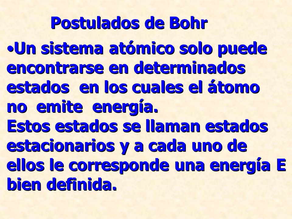 Postulados de Bohr Un sistema atómico solo puede. encontrarse en determinados. estados en los cuales el átomo.