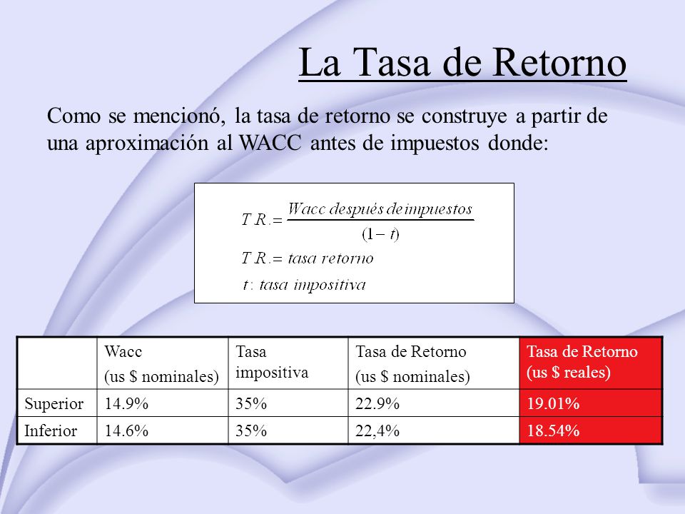 La Tasa de Retorno Como se mencionó, la tasa de retorno se construye a partir de una aproximación al WACC antes de impuestos donde: