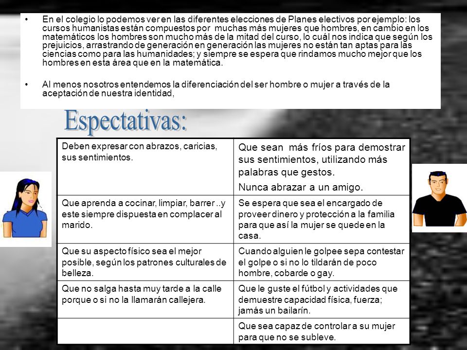 En el colegio lo podemos ver en las diferentes elecciones de Planes electivos por ejemplo: los cursos humanistas están compuestos por muchas más mujeres que hombres, en cambio en los matemáticos los hombres son mucho más de la mitad del curso, lo cuál nos indica que según los prejuicios, arrastrando de generación en generación las mujeres no están tan aptas para las ciencias como para las humanidades; y siempre se espera que rindamos mucho mejor que los hombres en esta área que en la matemática.