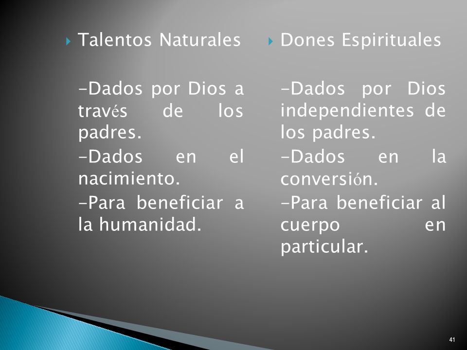 Talentos Naturales -Dados por Dios a través de los padres. -Dados en el nacimiento. -Para beneficiar a la humanidad.
