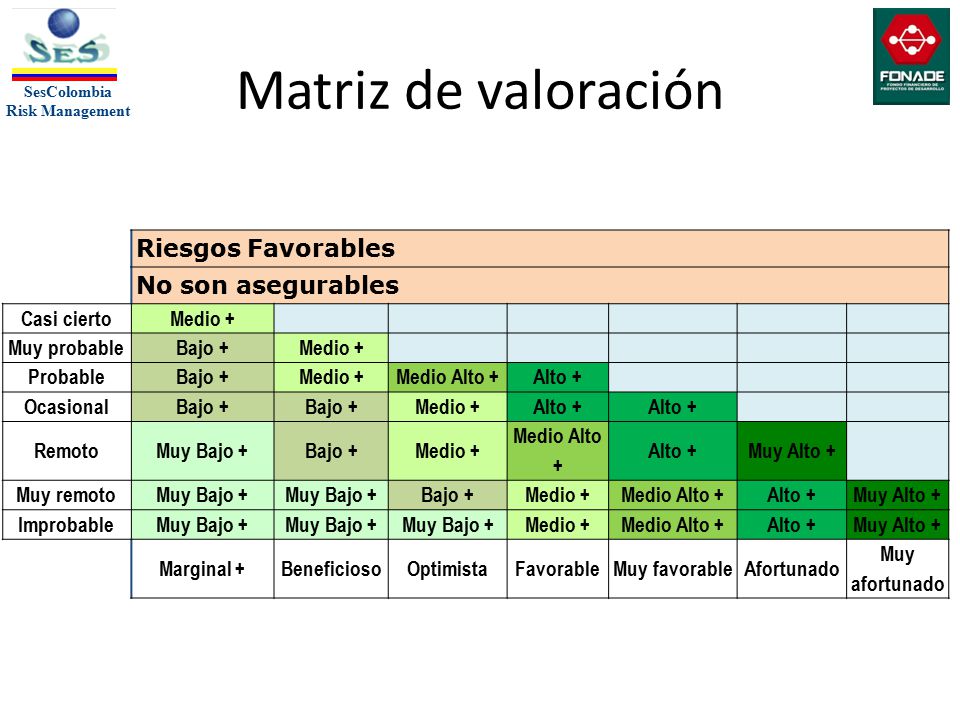 Matriz de valoración Riesgos Favorables No son asegurables Casi cierto