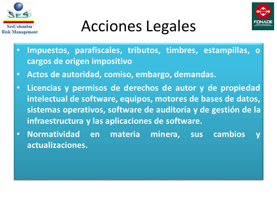 Acciones Legales Impuestos, parafiscales, tributos, timbres, estampillas, o cargos de origen impositivo.