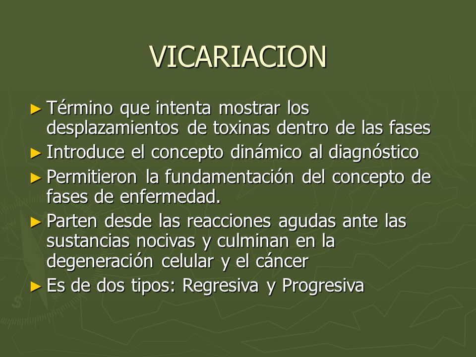 VICARIACION Término que intenta mostrar los desplazamientos de toxinas dentro de las fases. Introduce el concepto dinámico al diagnóstico.