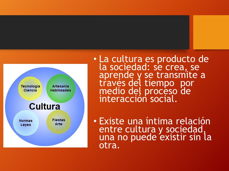 La cultura es producto de la sociedad: se crea, se aprende y se transmite a través del tiempo por medio del proceso de interacción social.