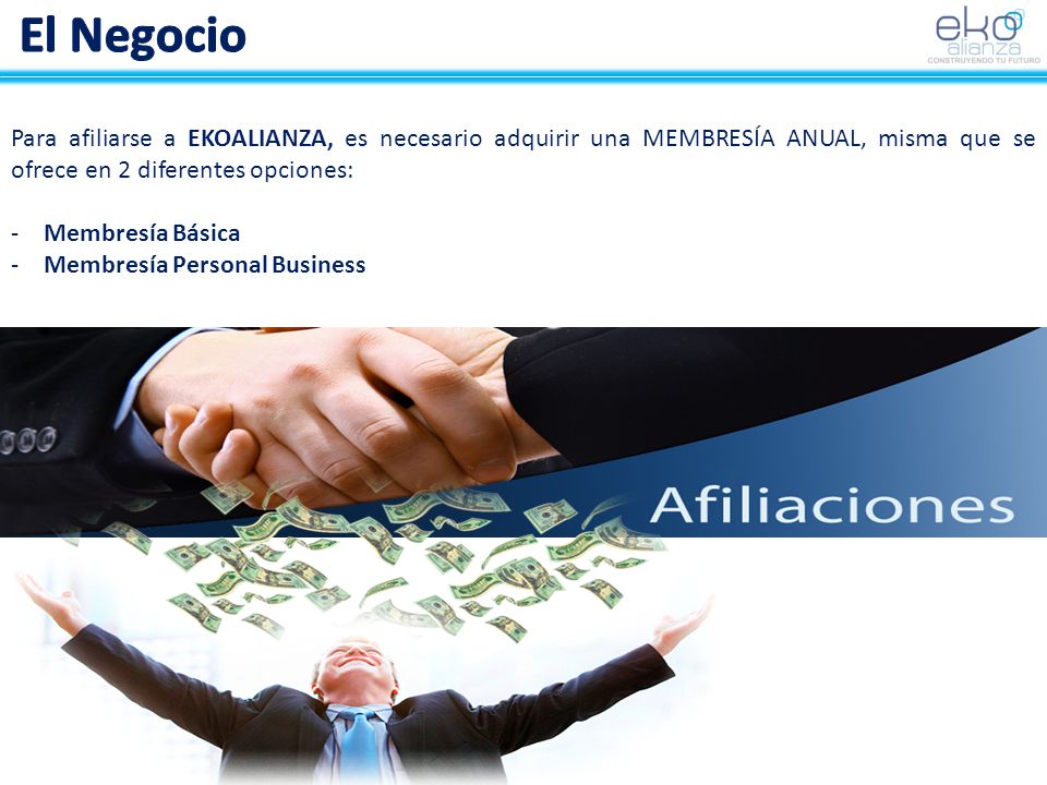 El Negocio Para afiliarse a EKOALIANZA, es necesario adquirir una MEMBRESÍA ANUAL, misma que se ofrece en 2 diferentes opciones: