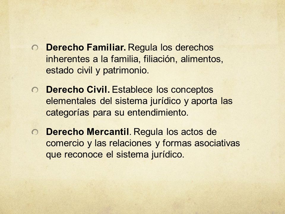 Derecho Familiar. Regula los derechos inherentes a la familia, filiación, alimentos, estado civil y patrimonio.