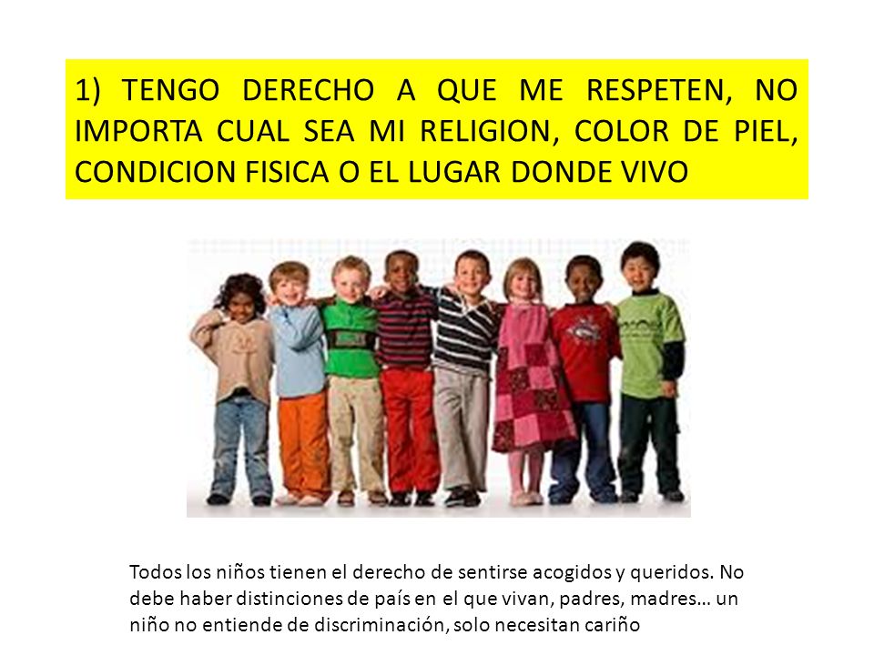 1) TENGO DERECHO A QUE ME RESPETEN, NO IMPORTA CUAL SEA MI RELIGION, COLOR DE PIEL, CONDICION FISICA O EL LUGAR DONDE VIVO