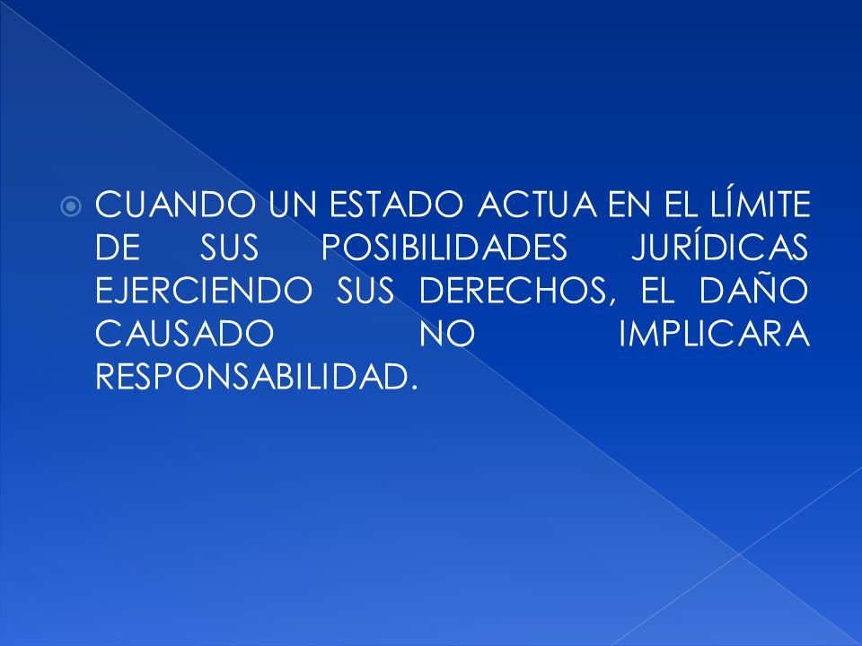 CUANDO UN ESTADO ACTUA EN EL LÍMITE DE SUS POSIBILIDADES JURÍDICAS EJERCIENDO SUS DERECHOS, EL DAÑO CAUSADO NO IMPLICARA RESPONSABILIDAD.