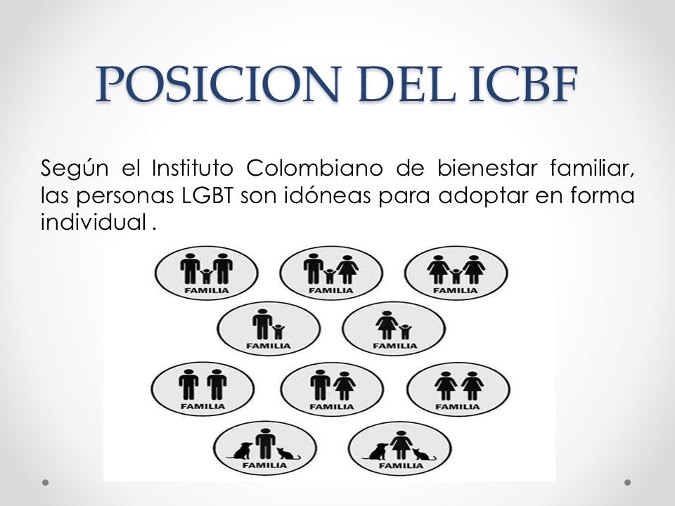 POSICION DEL ICBF Según el Instituto Colombiano de bienestar familiar, las personas LGBT son idóneas para adoptar en forma individual .