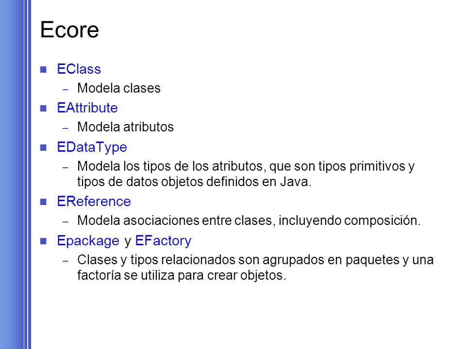 Ecore EClass EAttribute EDataType EReference Epackage y EFactory