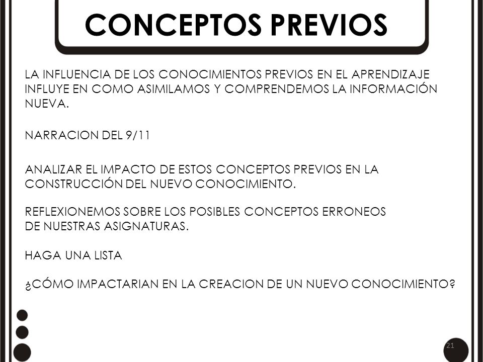 CONCEPTOS PREVIOS LA INFLUENCIA DE LOS CONOCIMIENTOS PREVIOS EN EL APRENDIZAJE. INFLUYE EN COMO ASIMILAMOS Y COMPRENDEMOS LA INFORMACIÓN.