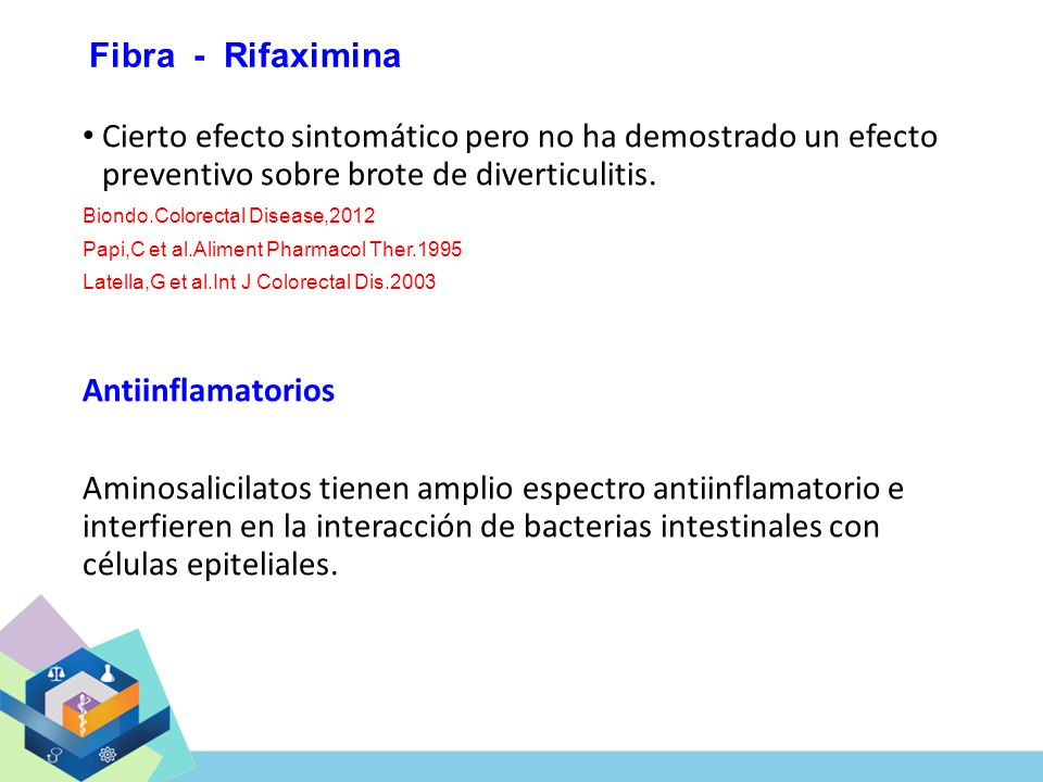 Fibra - Rifaximina Cierto efecto sintomático pero no ha demostrado un efecto preventivo sobre brote de diverticulitis.