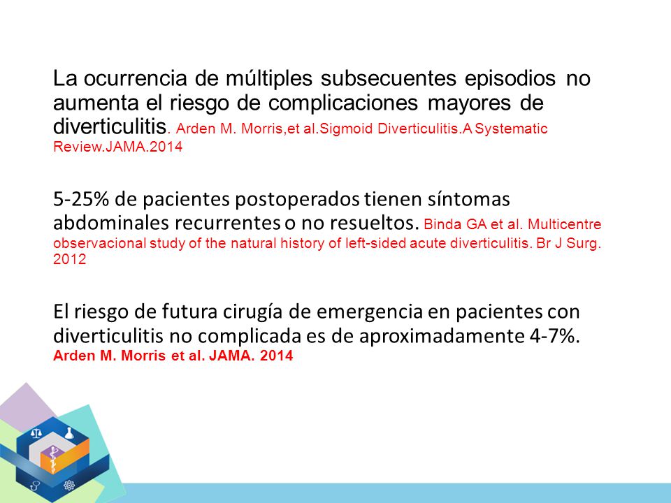 La ocurrencia de múltiples subsecuentes episodios no aumenta el riesgo de complicaciones mayores de diverticulitis.