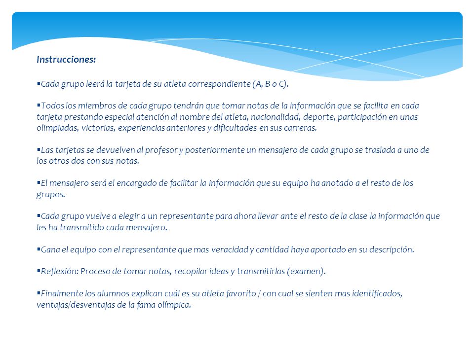 Instrucciones: Cada grupo leerá la tarjeta de su atleta correspondiente (A, B o C).
