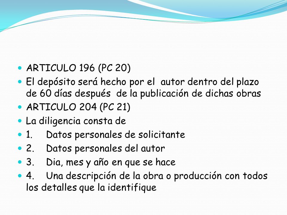 ARTICULO 196 (PC 20) El depósito será hecho por el autor dentro del plazo de 60 días después de la publicación de dichas obras.