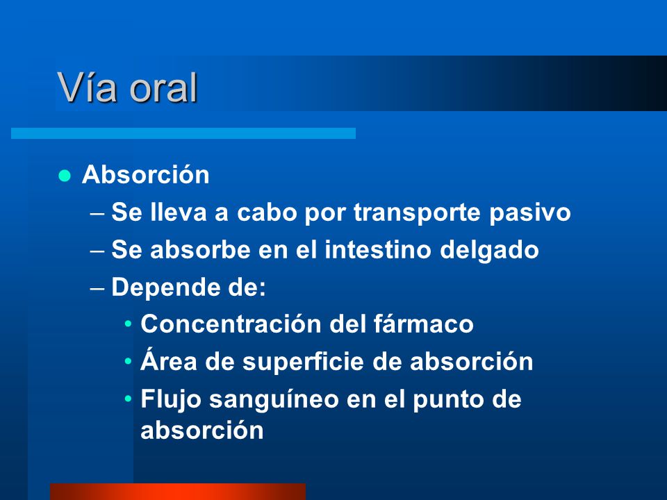 Vía oral Absorción Se lleva a cabo por transporte pasivo