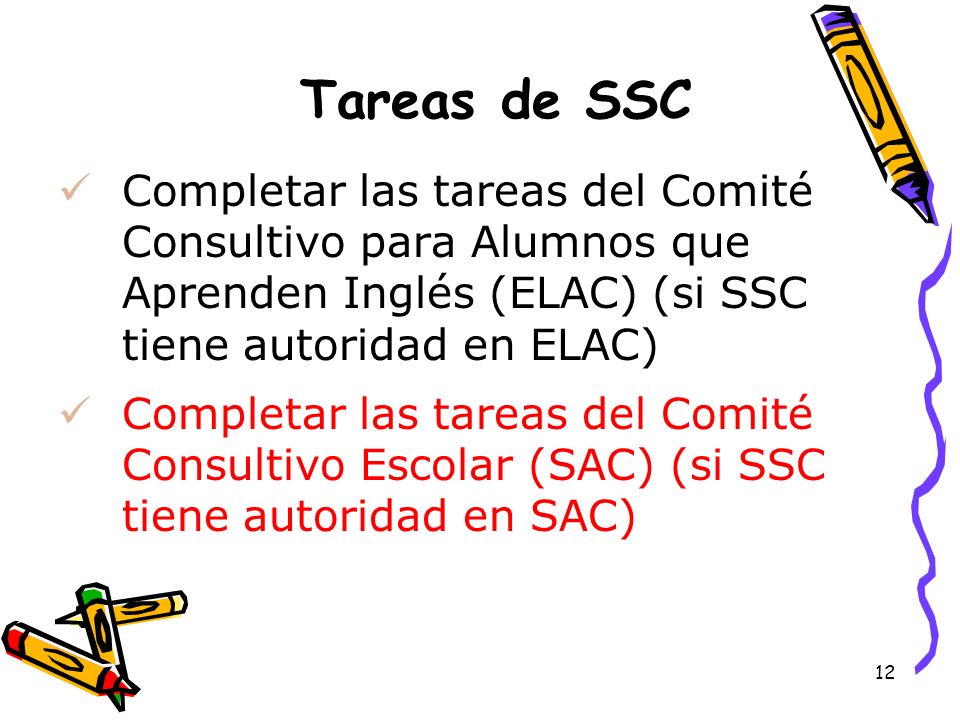 Tareas de SSC Completar las tareas del Comité Consultivo para Alumnos que Aprenden Inglés (ELAC) (si SSC tiene autoridad en ELAC)