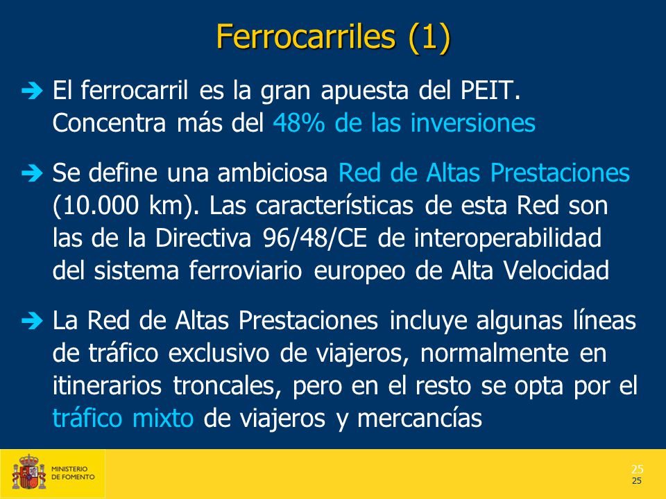 Ferrocarriles (1) El ferrocarril es la gran apuesta del PEIT. Concentra más del 48% de las inversiones.