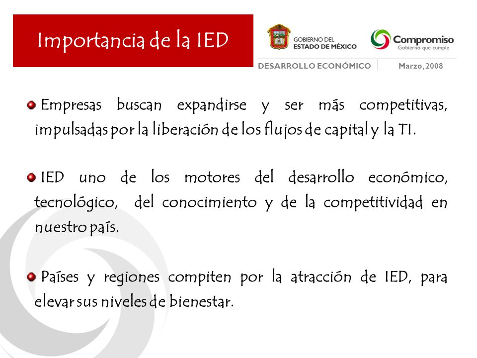 Importancia de la IED Empresas buscan expandirse y ser más competitivas, impulsadas por la liberación de los flujos de capital y la TI.