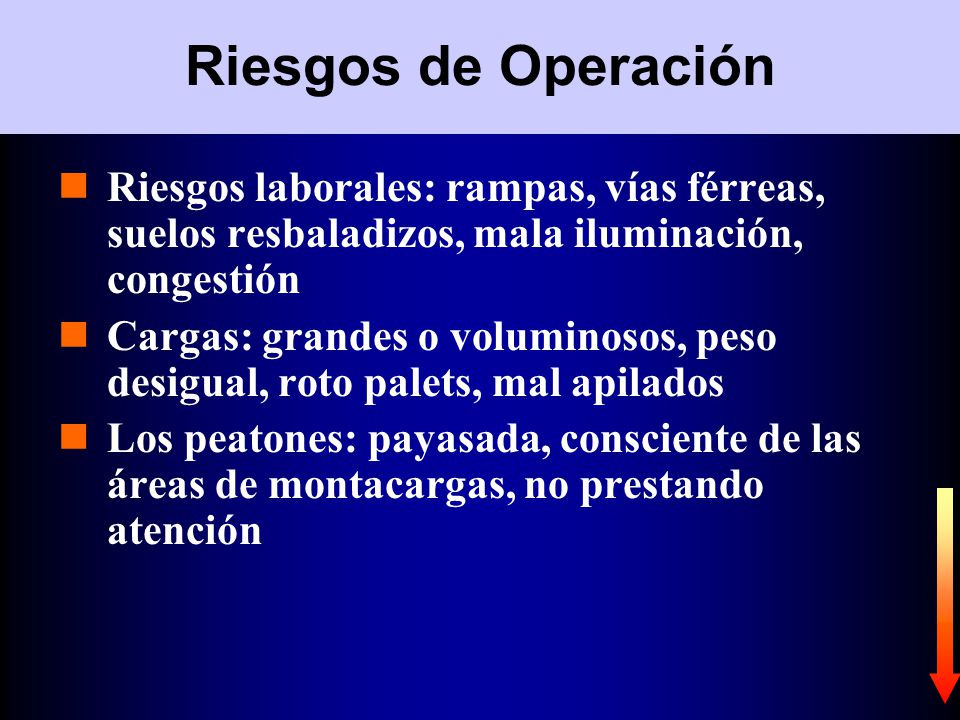 Riesgos de Operación Riesgos laborales: rampas, vías férreas, suelos resbaladizos, mala iluminación, congestión.