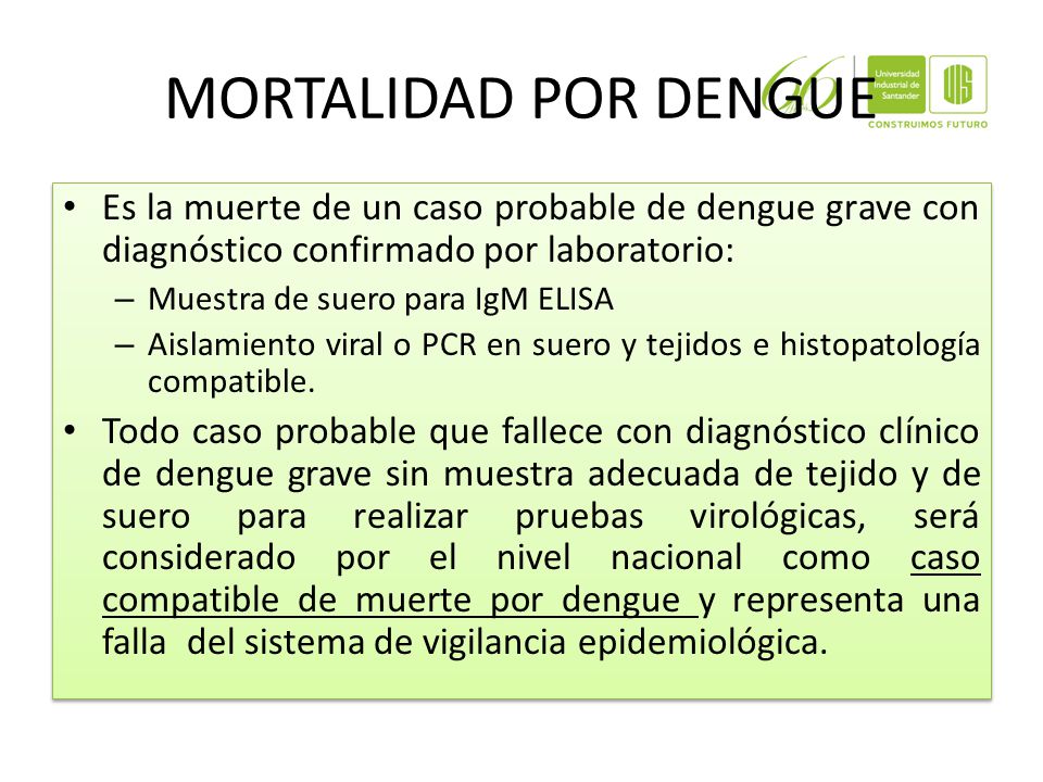 MORTALIDAD POR DENGUE Es la muerte de un caso probable de dengue grave con diagnóstico confirmado por laboratorio:
