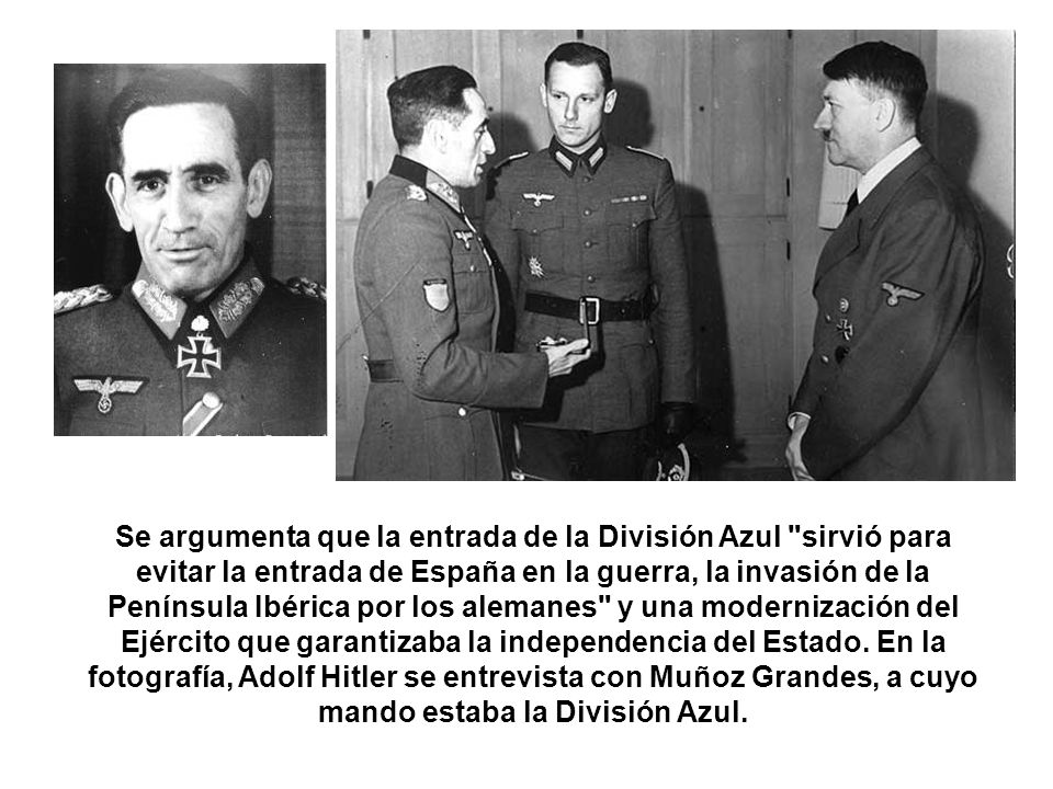 Se argumenta que la entrada de la División Azul sirvió para evitar la entrada de España en la guerra, la invasión de la Península Ibérica por los alemanes y una modernización del Ejército que garantizaba la independencia del Estado.