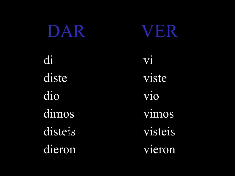 DAR VER di diste dio dimos disteis dieron vi viste vio vimos visteis