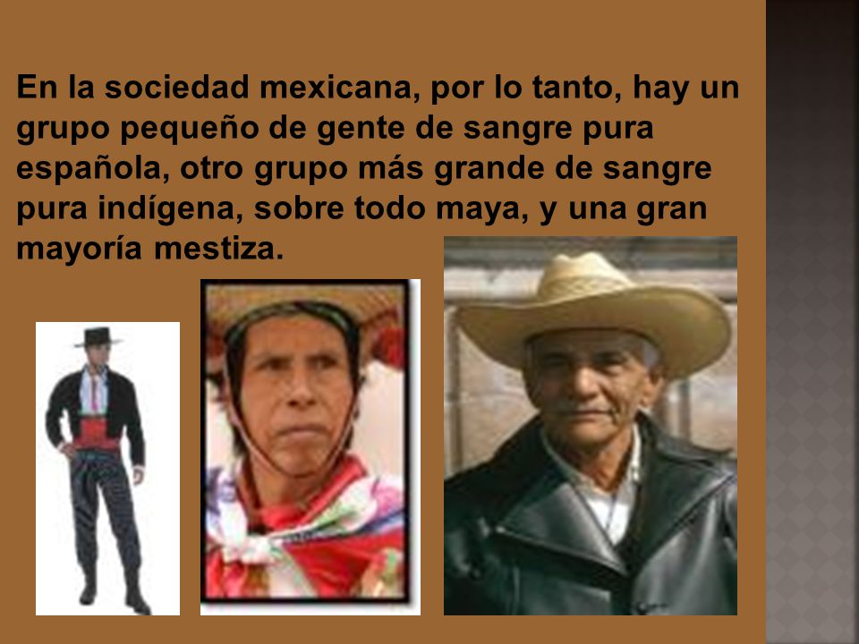 En la sociedad mexicana, por lo tanto, hay un grupo pequeño de gente de sangre pura española, otro grupo más grande de sangre pura indígena, sobre todo maya, y una gran mayoría mestiza.