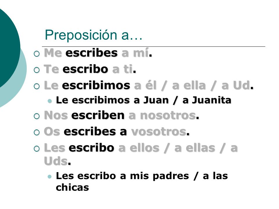 Preposición a… Me escribes a mí. Te escribo a ti.
