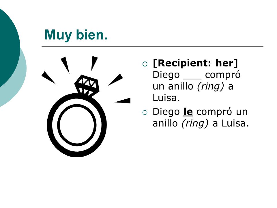 Muy bien. [Recipient: her] Diego ___ compró un anillo (ring) a Luisa.