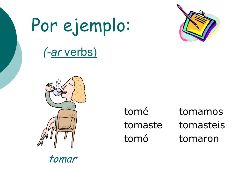 Por ejemplo: (-ar verbs) tomar tomé tomaste tomó tomamos tomasteis