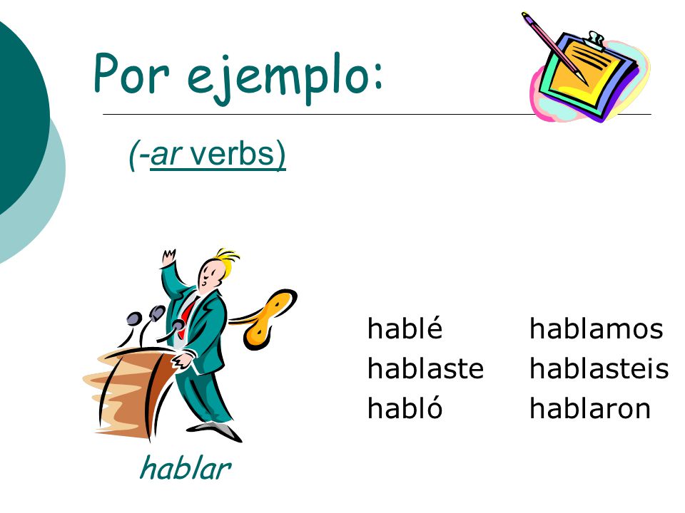Por ejemplo: (-ar verbs) hablar hablé hablaste habló hablamos